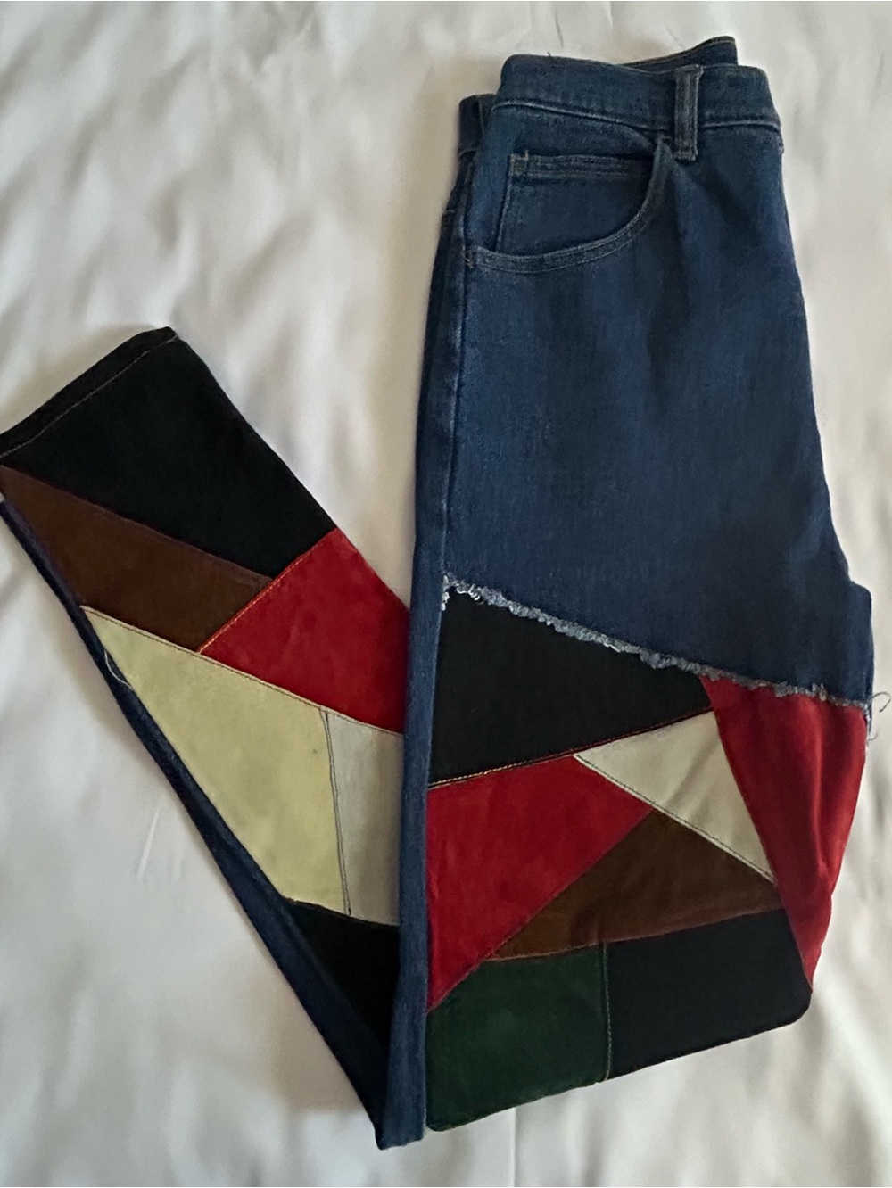 Vintage 90s Seruchi Patchwork Suede Denim Jeans Size 7/8